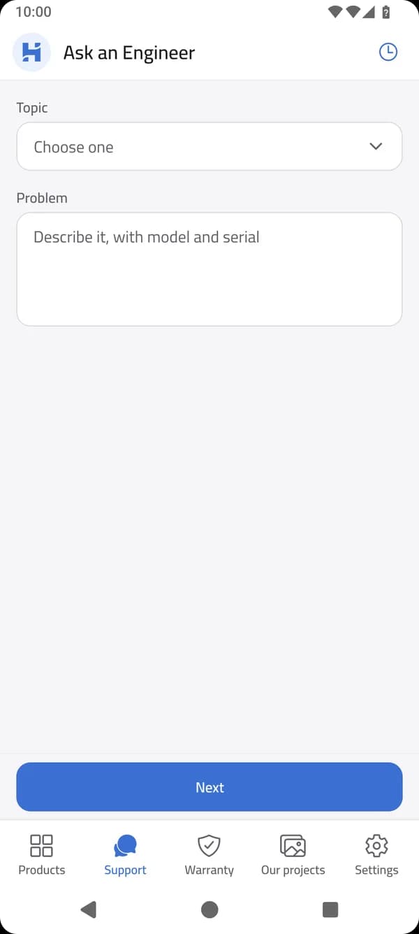 Ask an Engineer screen in the Horizon Service app