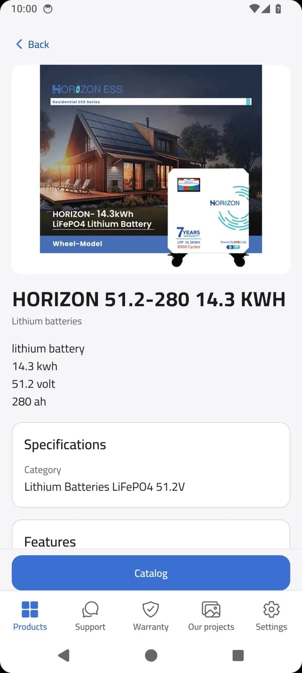 Specifications screen in the Horizon Service app