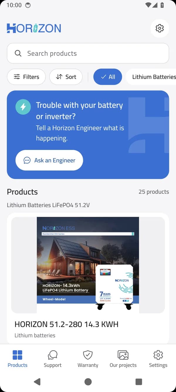 The Products screen of Horizon Service, with its Ask an Engineer button