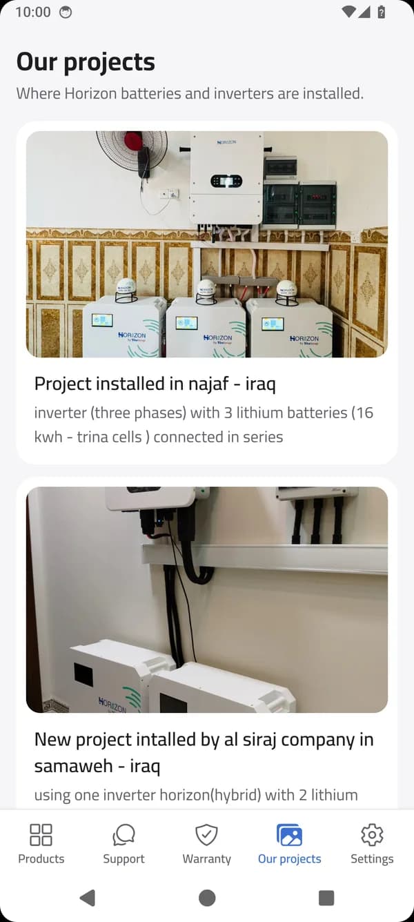 Our projects screen in the Horizon Service app